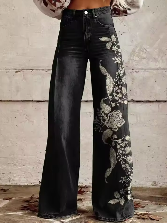ECSLISSI | Spodnie Vintage Noir Floreali Chic