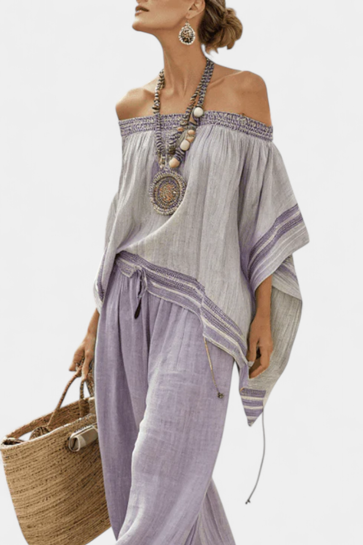 Komplet z lnu bambusowego w paski, z odkrytymi ramionami i szerokimi spodniami dla eleganckiego i świeżego stylu