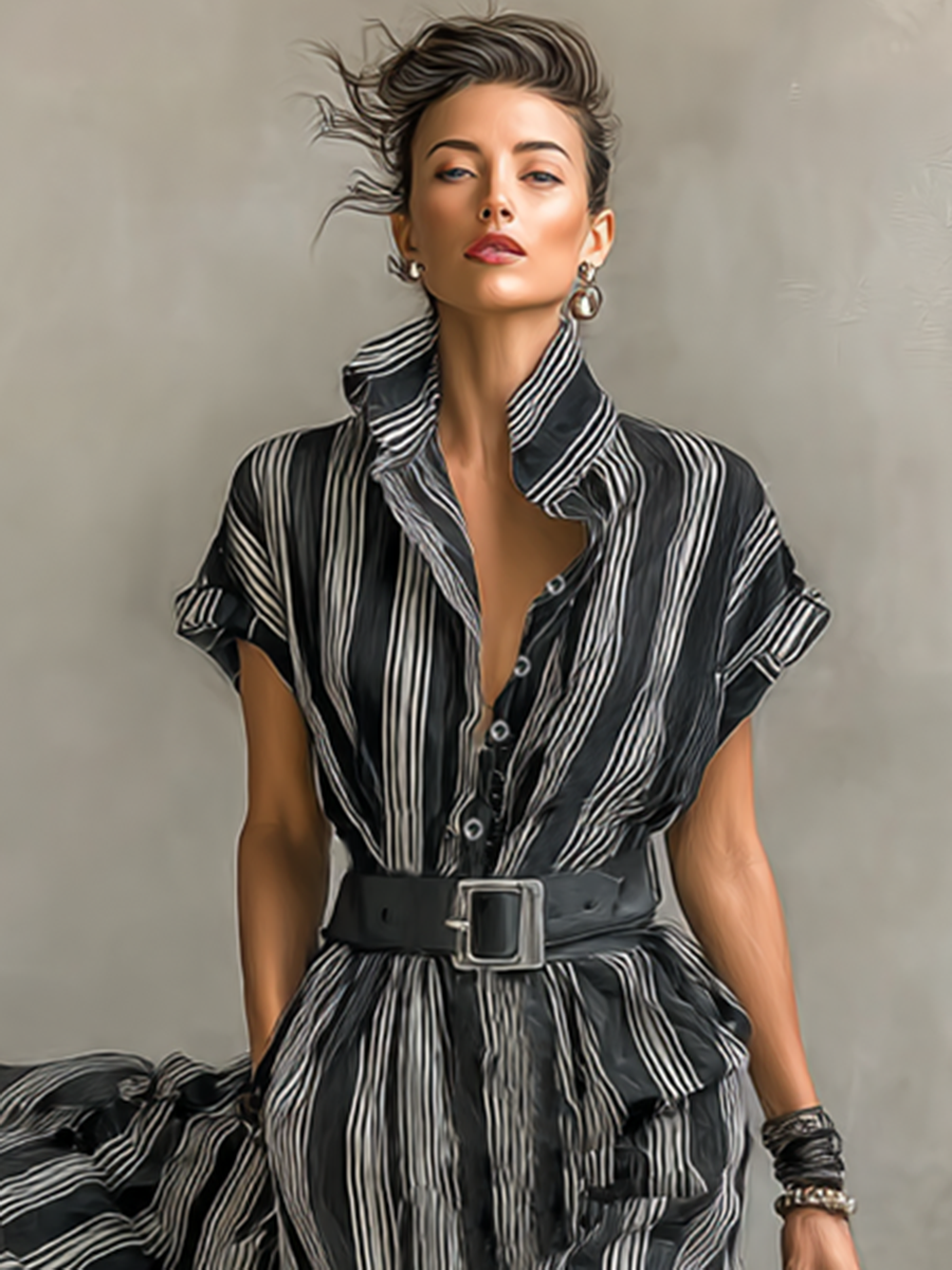 Sukienka Maxy Chiffon w Paski z Kołnierzykiem i Krótkimi Rękawami dla Kobiet z Paskiem