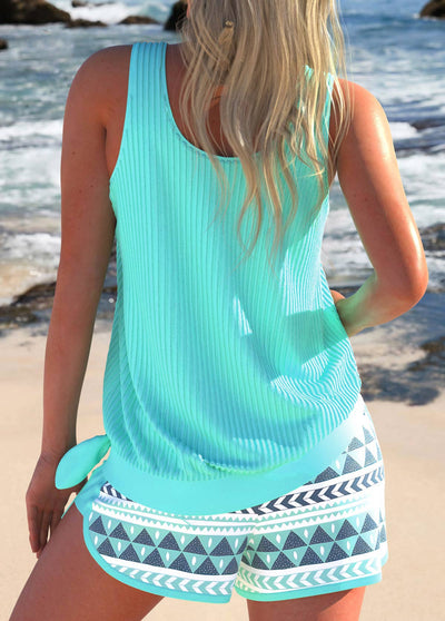 OPHELIA | STYLOWY ZESTAW TANKINI W GEOMETRYCZNY WZÓR AQUA
