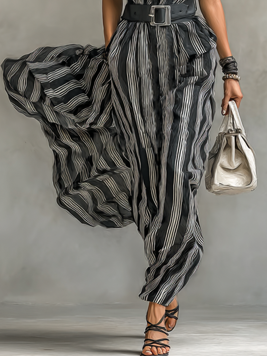 Sukienka Maxy Chiffon w Paski z Kołnierzykiem i Krótkimi Rękawami dla Kobiet z Paskiem