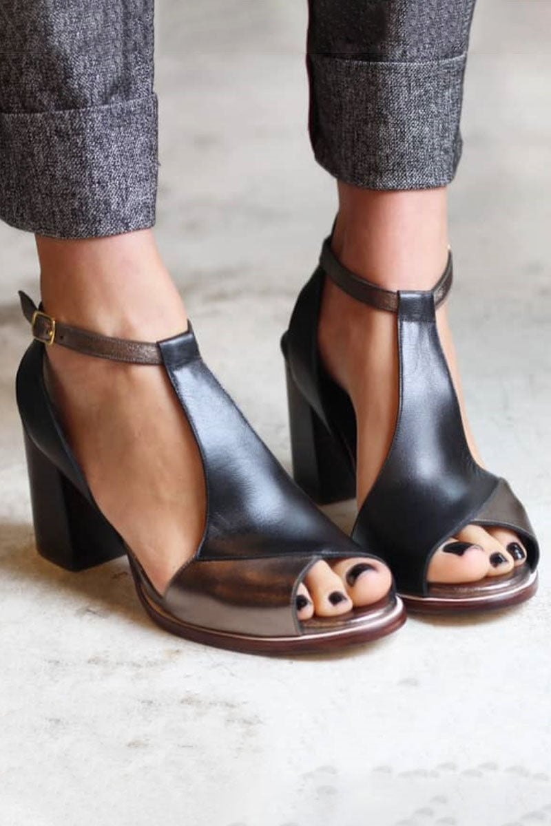 Nadaria | Czarne sandały peep toe w stylu patchwork z obcasem