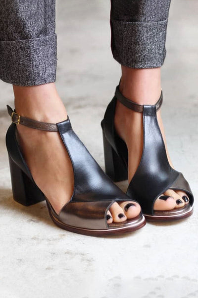 Nadaria | Czarne sandały peep toe w stylu patchwork z obcasem