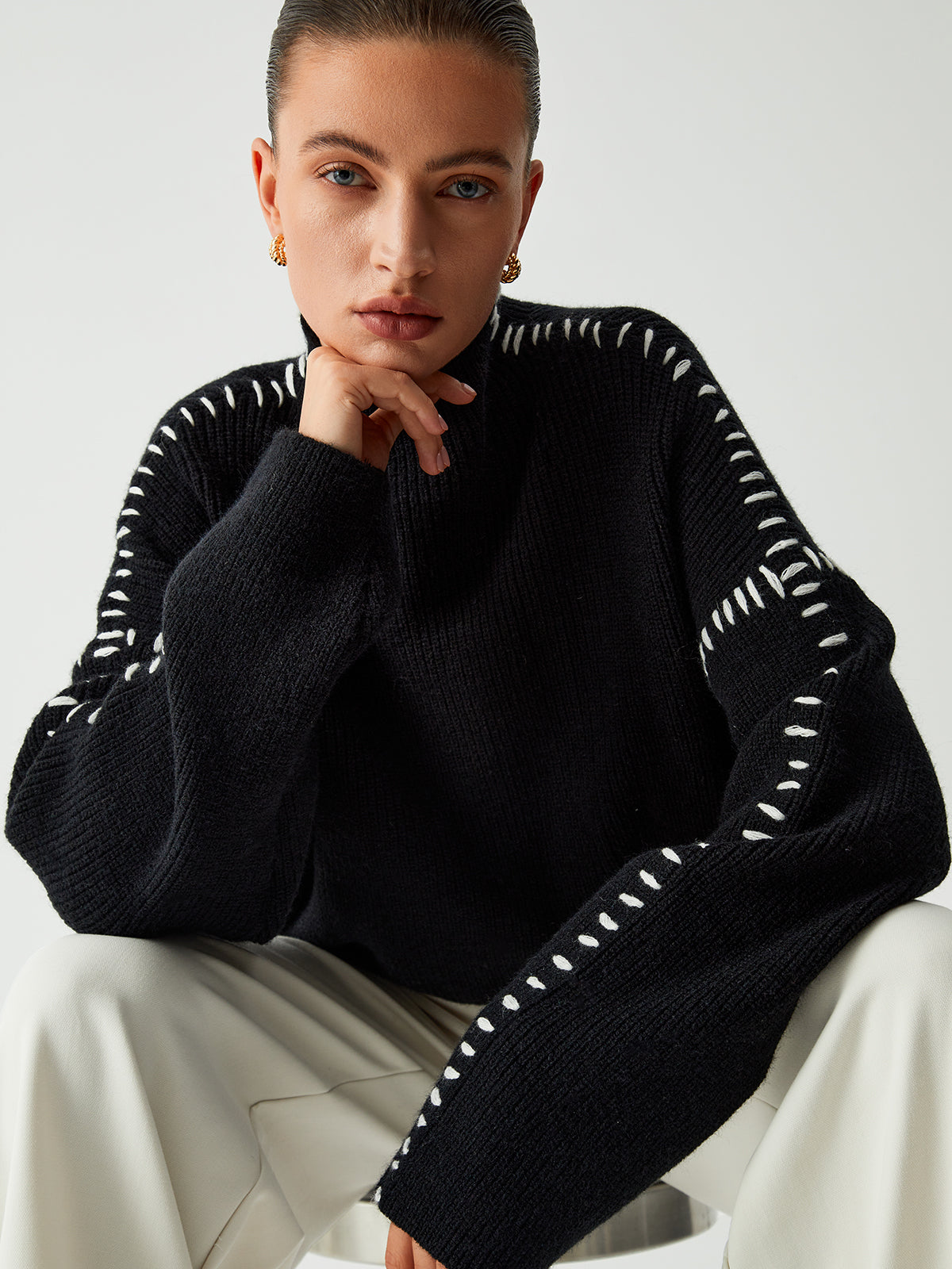 Alma | Oversize-Dolcevita-Pullover z detalami Piqué