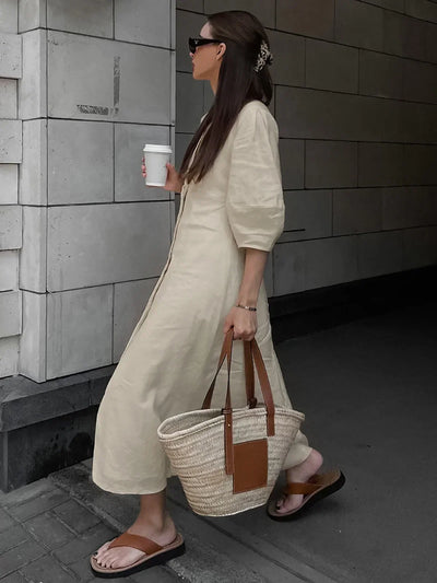 Margot® | Długa sukienka wiązana z bawełny i lnu z guzikami