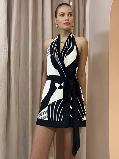 Sophie® | Krótka Sukienka Halter z Kontrastowym Wzorem
