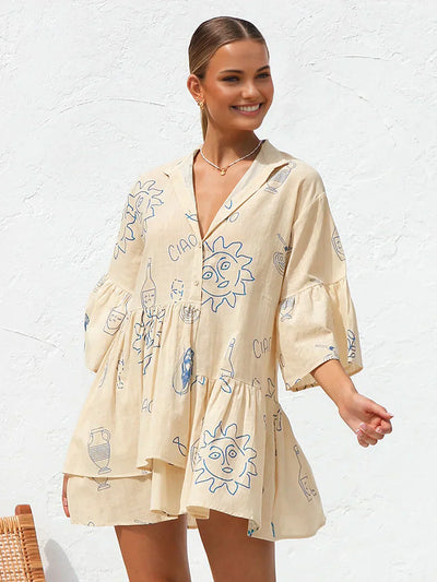 Anna® | Krótkie oversize sukienka z nadrukiem słonecznym w stylu casual