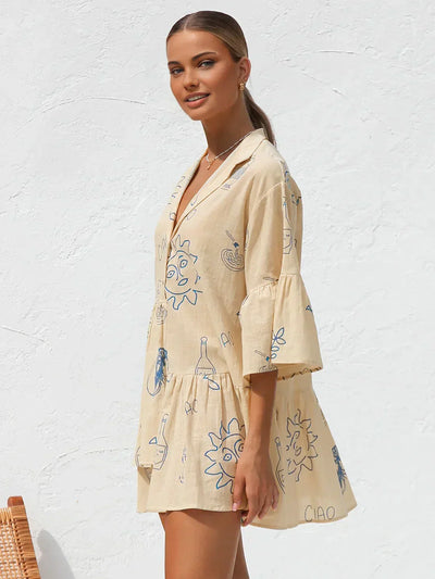 Anna® | Krótkie oversize sukienka z nadrukiem słonecznym w stylu casual