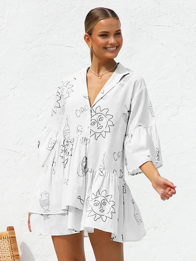 Anna® | Krótkie oversize sukienka z nadrukiem słonecznym w stylu casual