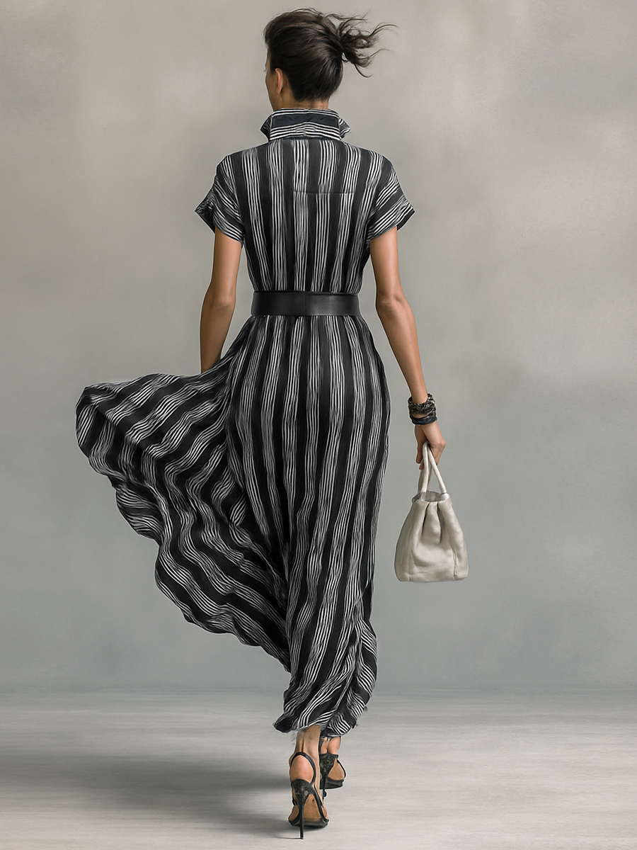 Sukienka Maxy Chiffon w Paski z Kołnierzykiem i Krótkimi Rękawami dla Kobiet z Paskiem