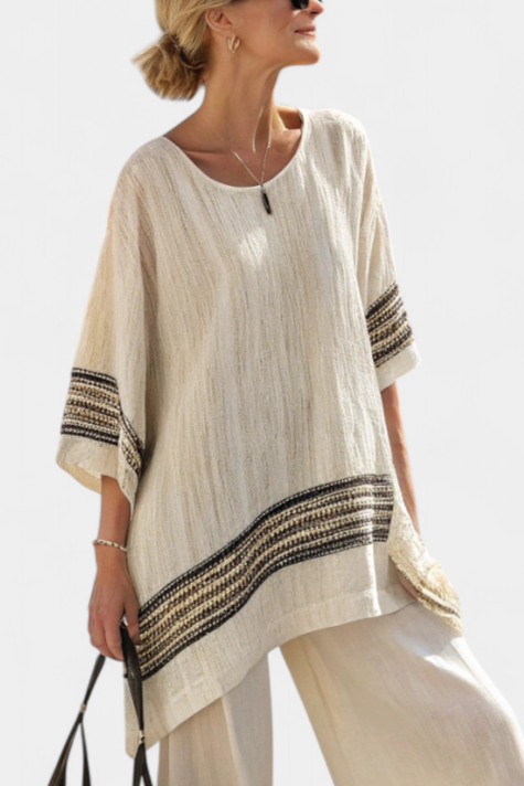 Komplet Mediterraneo Daisy z lnu bambusowego w eleganckie czerwone i zielone paski