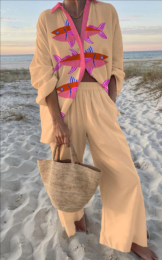 Evalisse™ | Różowy Zestaw Loungewear z Wzorem Ryb