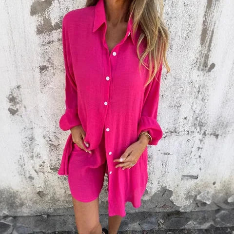 Marlena | Casualowy gładki zestaw z bluzką i spodenkami