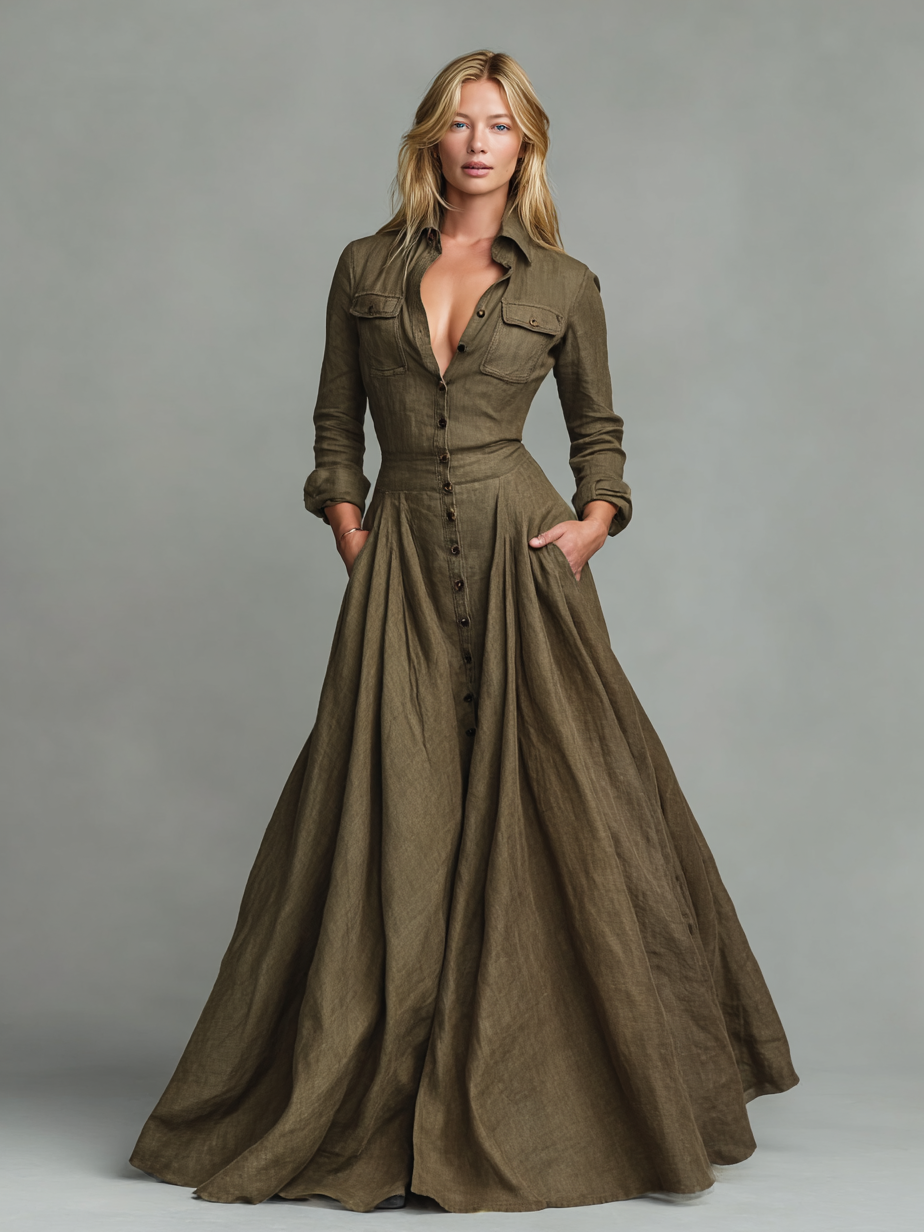 Maxi Sukienka Vintage z Bawełny i Lnu dla Kobiet z Designem Koszulowym