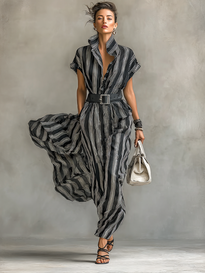 Sukienka Maxy Chiffon w Paski z Kołnierzykiem i Krótkimi Rękawami dla Kobiet z Paskiem