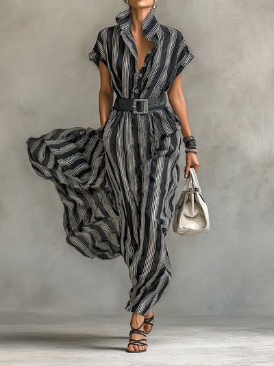Sukienka Maxy Chiffon w Paski z Kołnierzykiem i Krótkimi Rękawami dla Kobiet z Paskiem