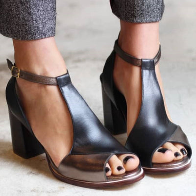 Nadaria | Czarne sandały peep toe w stylu patchwork z obcasem