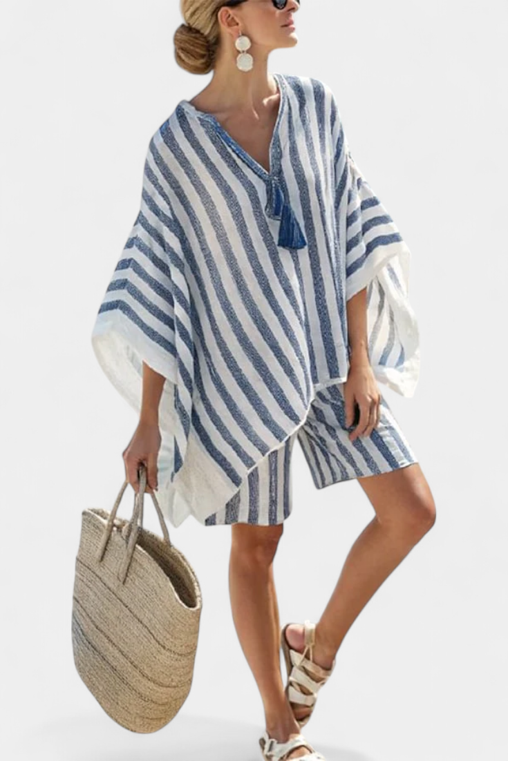 Zestaw w paski Nancy z bluzą oversize i eleganckimi szortami